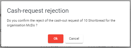 Cash-out request rejection pop-up