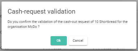 Cash-out request validation pop-up