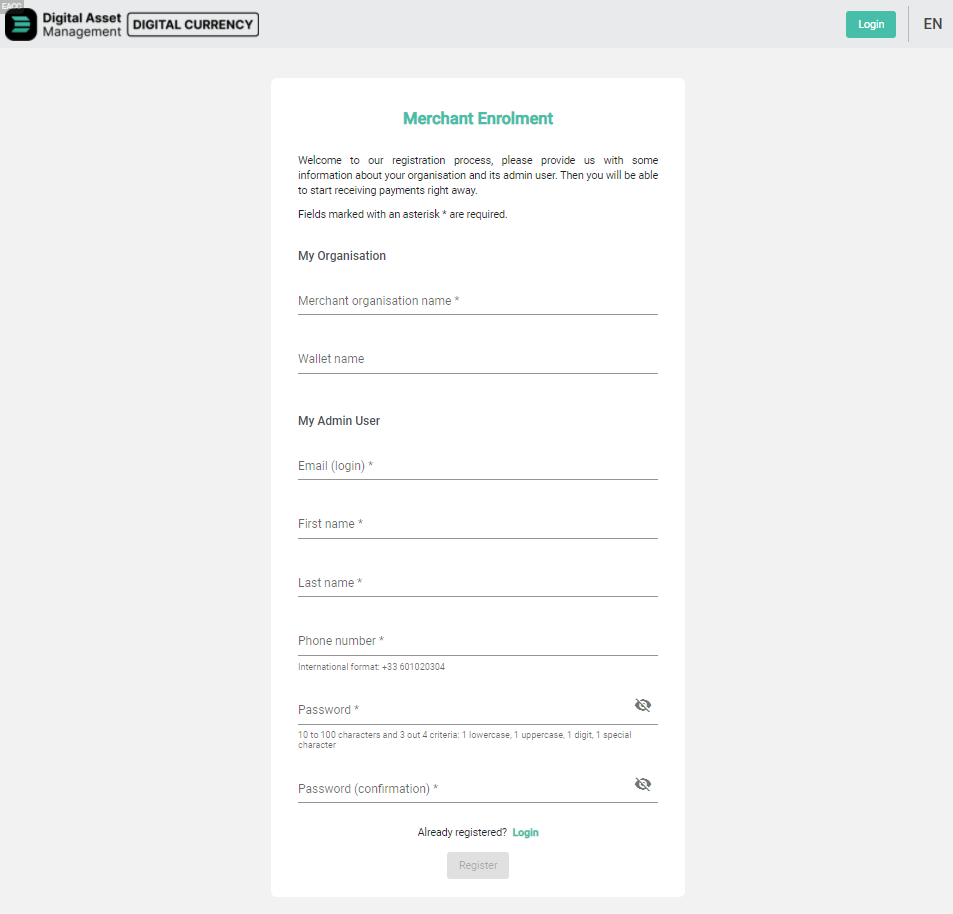 Merchant enrolment page